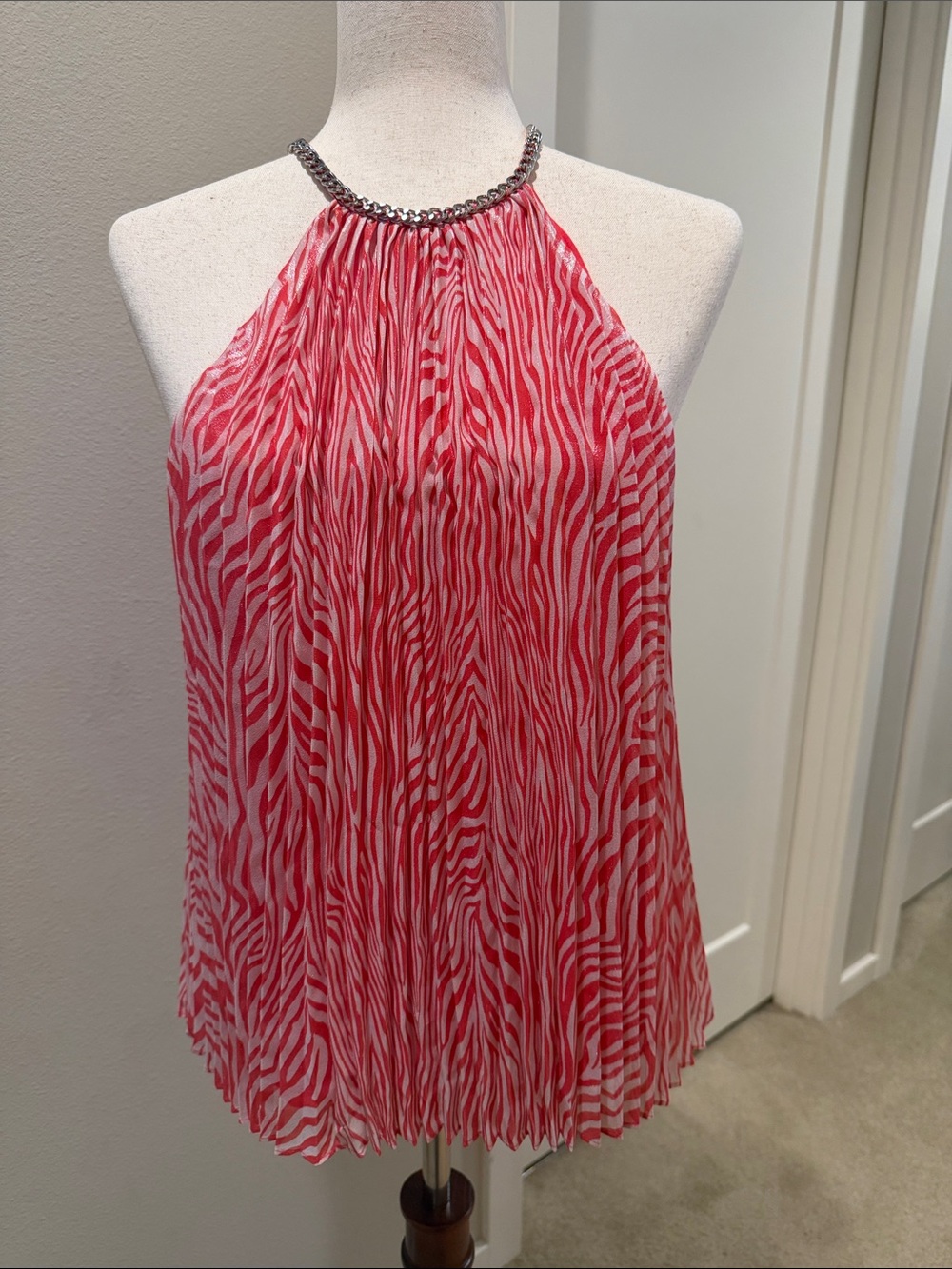 Michael Kors Women's Pink Zebra Halter Top with Beaded Neckline Sz PM